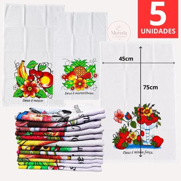 Pano de Prato Cozinha 5 Unidades 45x75cm Bainha Estampado 100% Enxugante