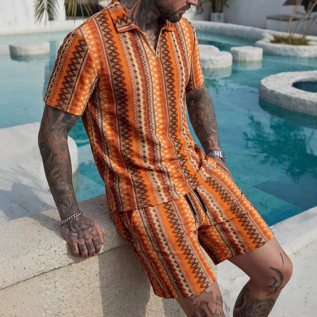 Verão novo estilo europeu americano moda masculina Casual lapela camisa Polo de malha Jacquard Shorts de manga curta ter