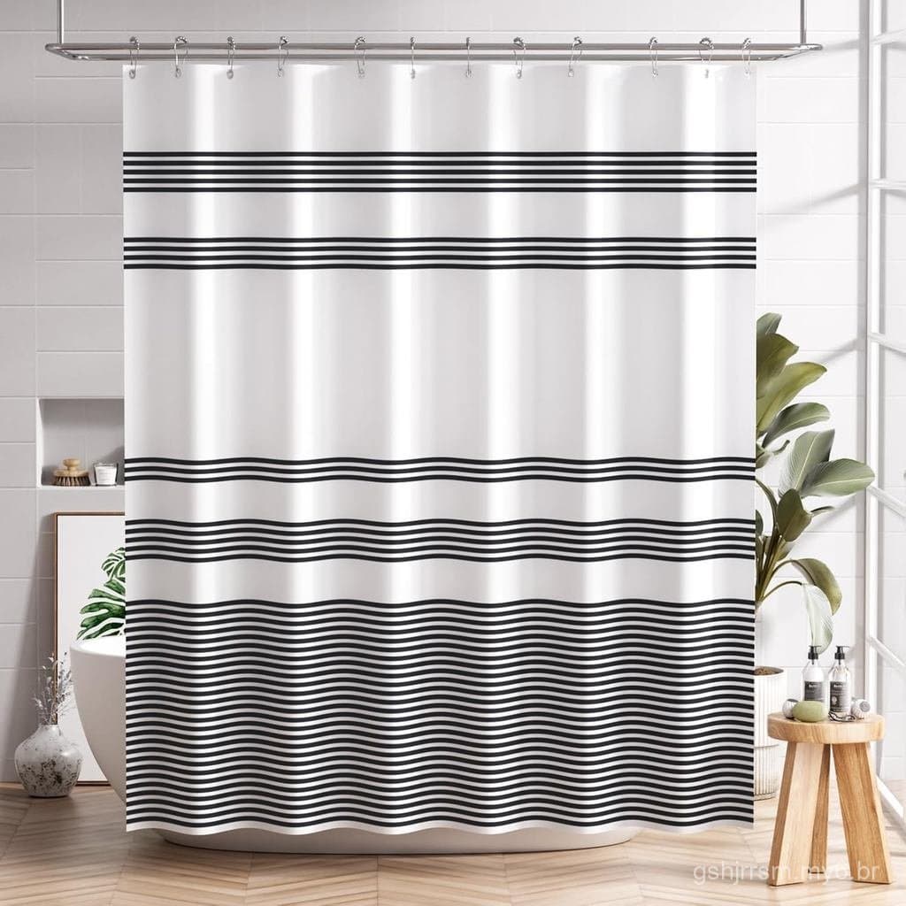 Cortina de Chuveiro AmazerBath, Conjunto de Cortinas de Chuveiro Pretas Laváveis com 12 Ganchos, Cortina de Tecido Listr