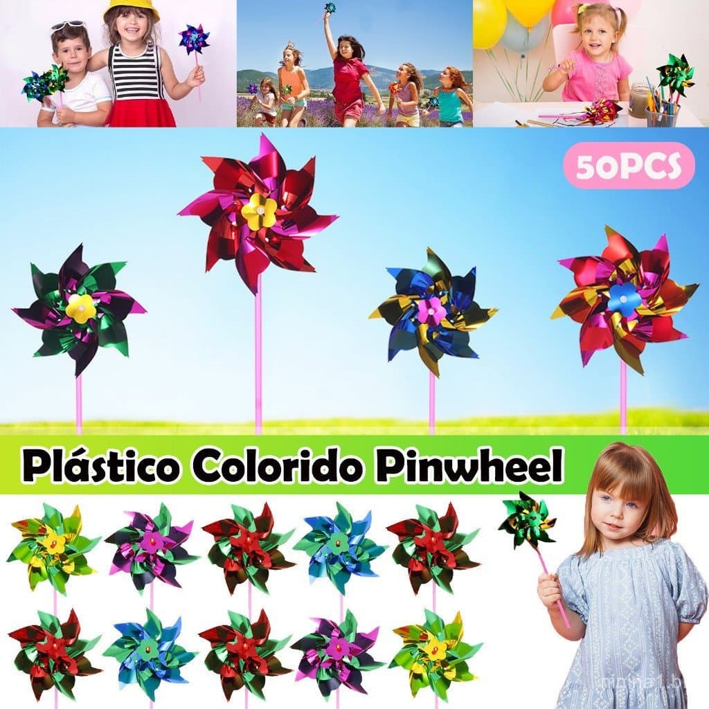 50Pcs Catavento Metalizado Plástico Misto Colorido Pinwheel Moinho De Vento Decoração De Jardim Giratório Para Jardim /
