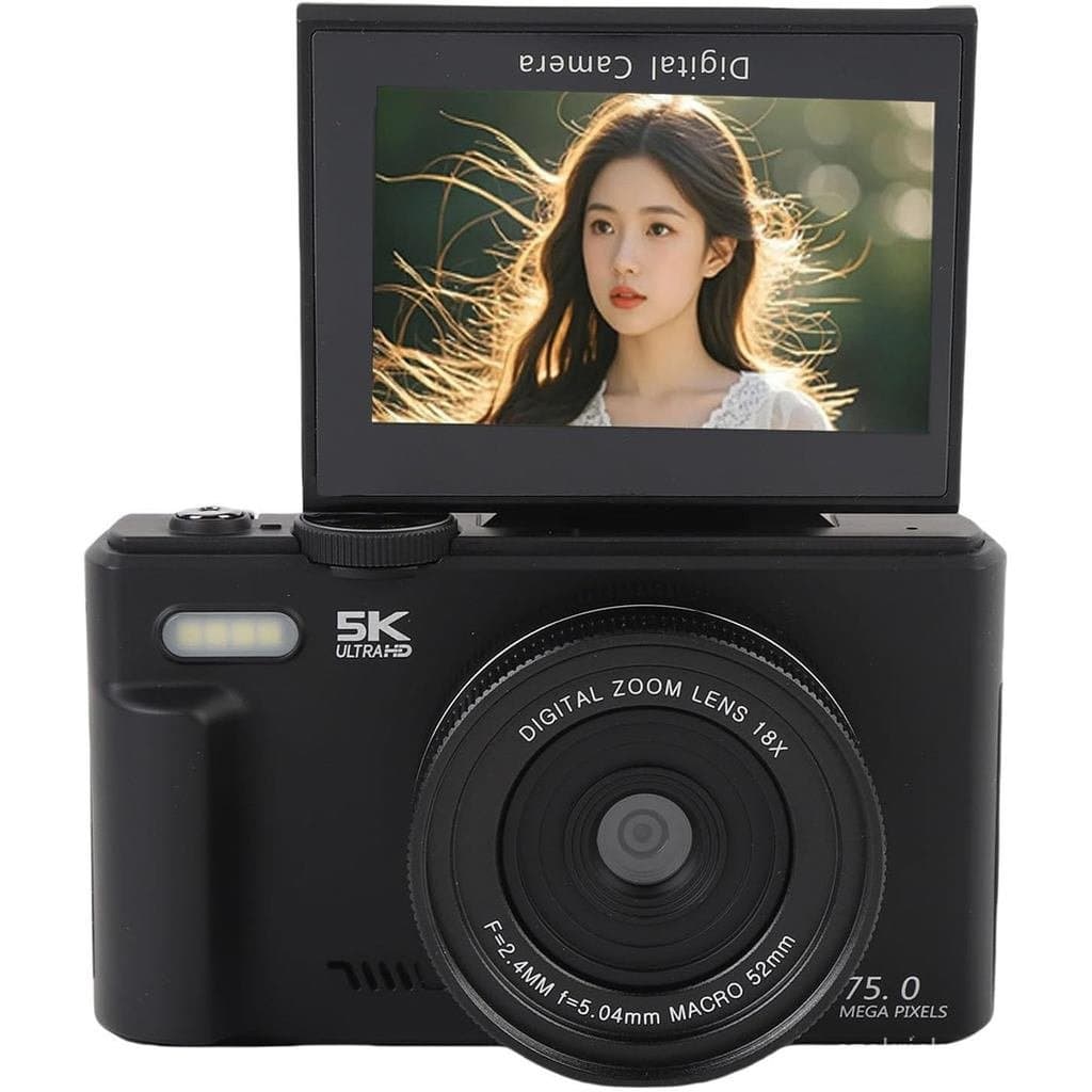 Câmera Digital, 5K 75MP UHD WiFi com Autofoco, Tela Flip de 3" 180°, Zoom Digital 18X, Microfone Integrado, para Fotogra