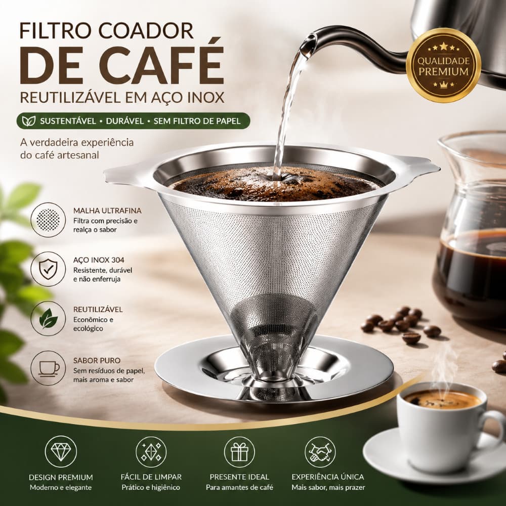 Filtro Coador de Café Reutilizável em Aço Inox 304 Malha Ultrafina Permanente