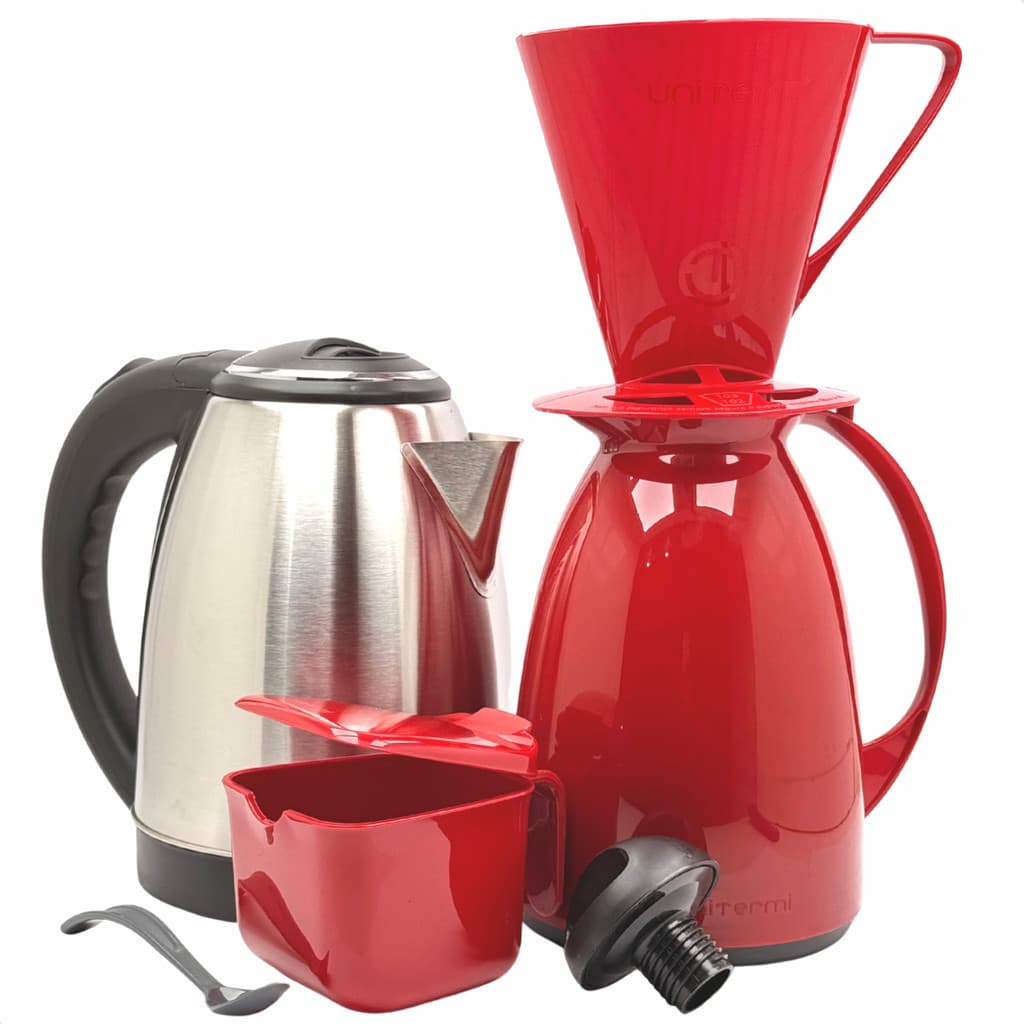 Kit Café Prático Chaleira Bule Jarra Elétrica Inox 1,8 Litros + Garrafa Térmica Filtro Coador Açucareiro Vermelho