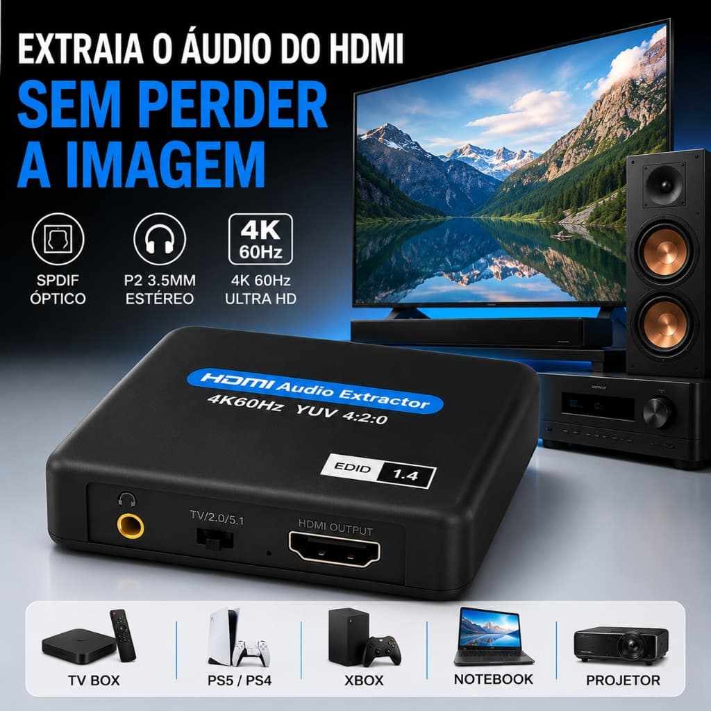 Extrator De Áudio HDMI 4K 60Hz SPDIF Óptico P2 3.5mm Conversor HDMI Home Theater Soundbar TV Box PS5