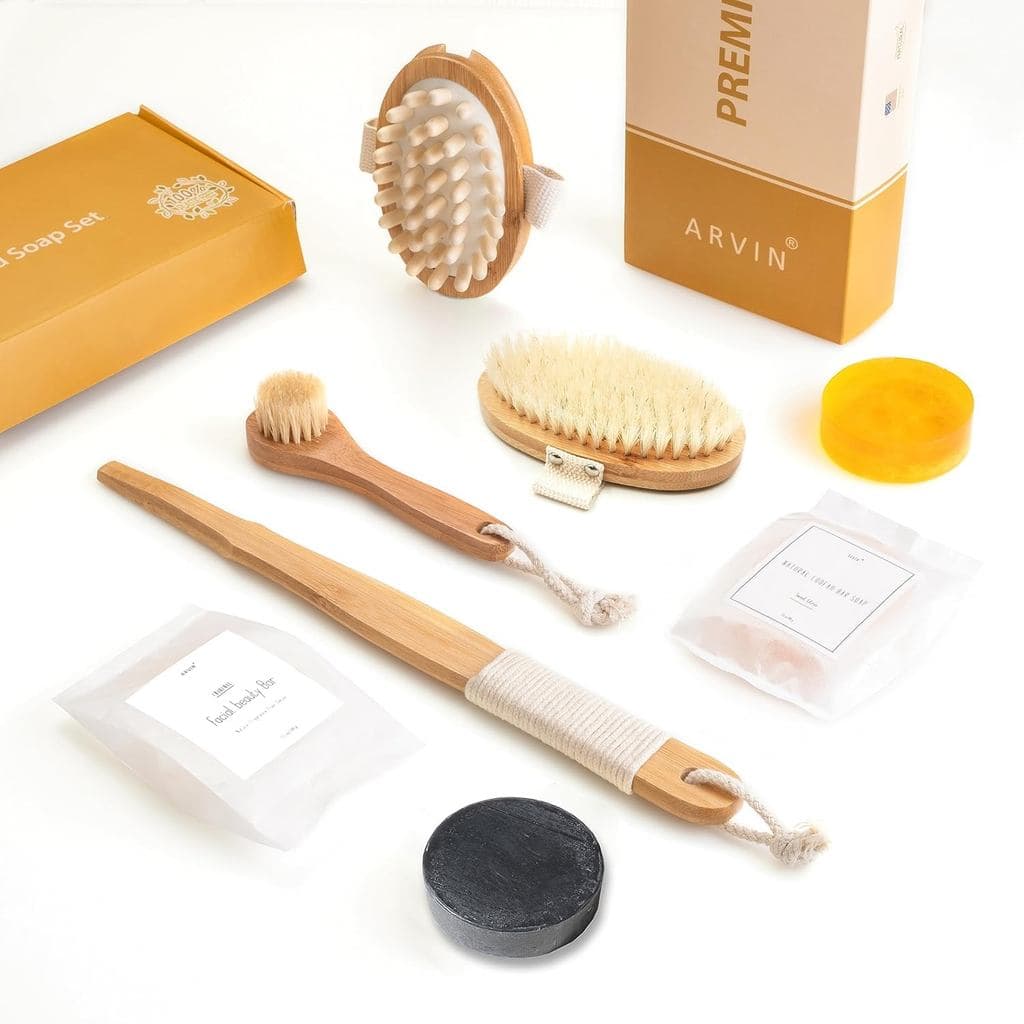 Conjunto de Presente com Sabonete Natural e Escova Corporal para Massagem a Seco para Drenagem Linfática |   Cerdas de J