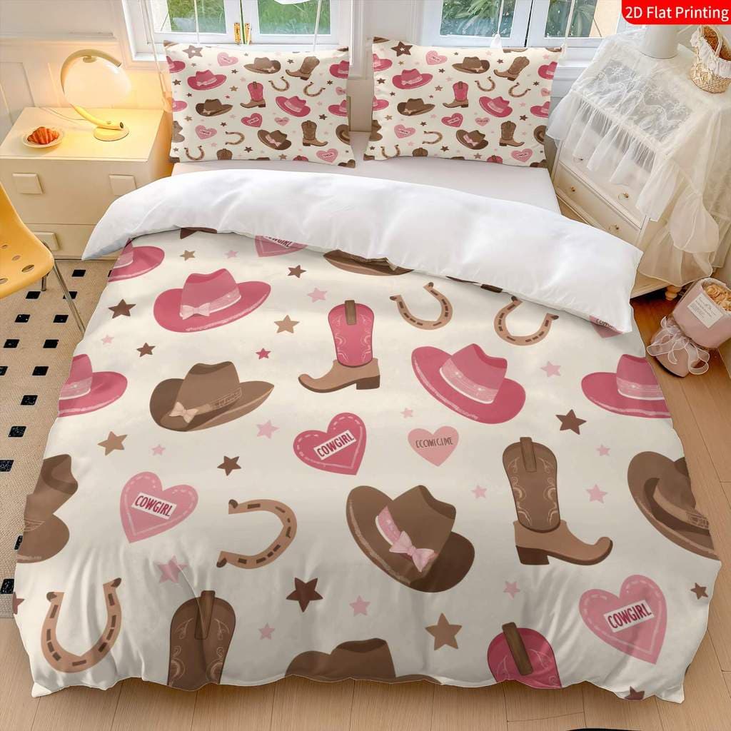 Conjunto de 3 peças com estampa plana 2D estilo cowboy ocidental conjunto de capa de edredão, incluindo chapéu de cowboy