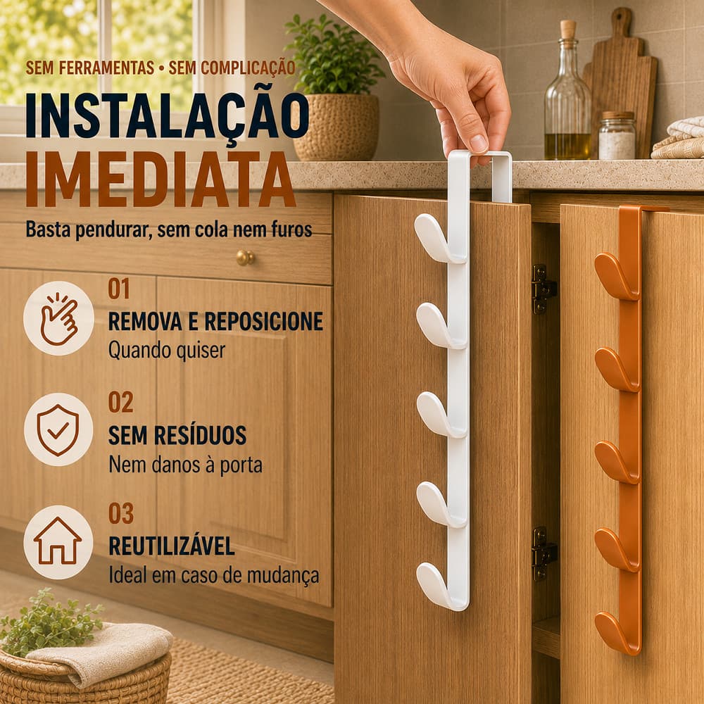 Cabide Suporte para Porta com 5 Ganchos Organizador Multiuso para Bolsas Chapéus Roupas Toalhas e Acessórios Casa