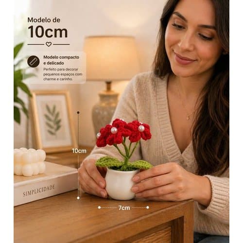 Flor Decorativa Croche Vaso Plastico Mini Arranjo Sortido 10cm