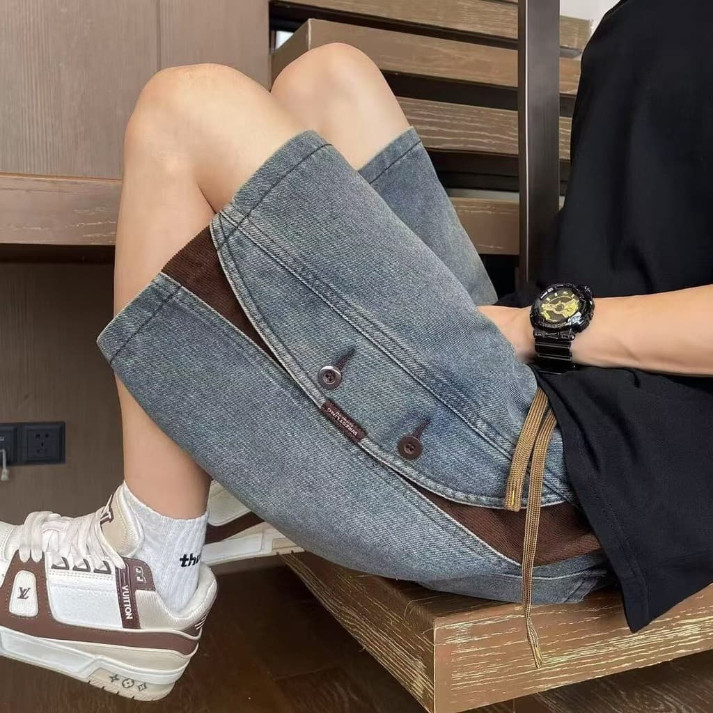 Verão masculino americano Retro grande bolso macacão Denim shorts masculino juventude moda tendência All-Match shorts re