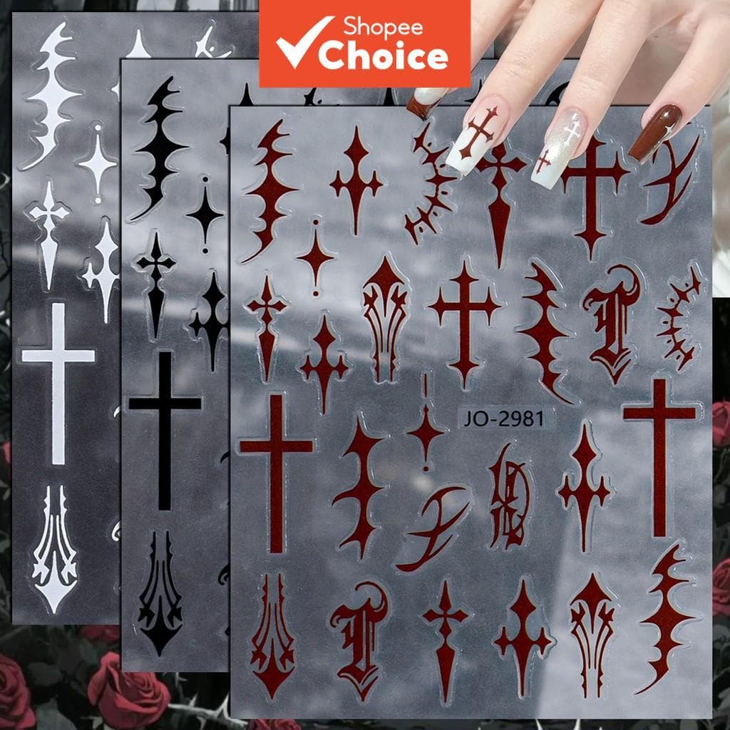 3/6/12 Folhas de adesivos 3D de cruz gótica para unhas, decalques pretos, vermelhos e brancos com estrela e letras, arte