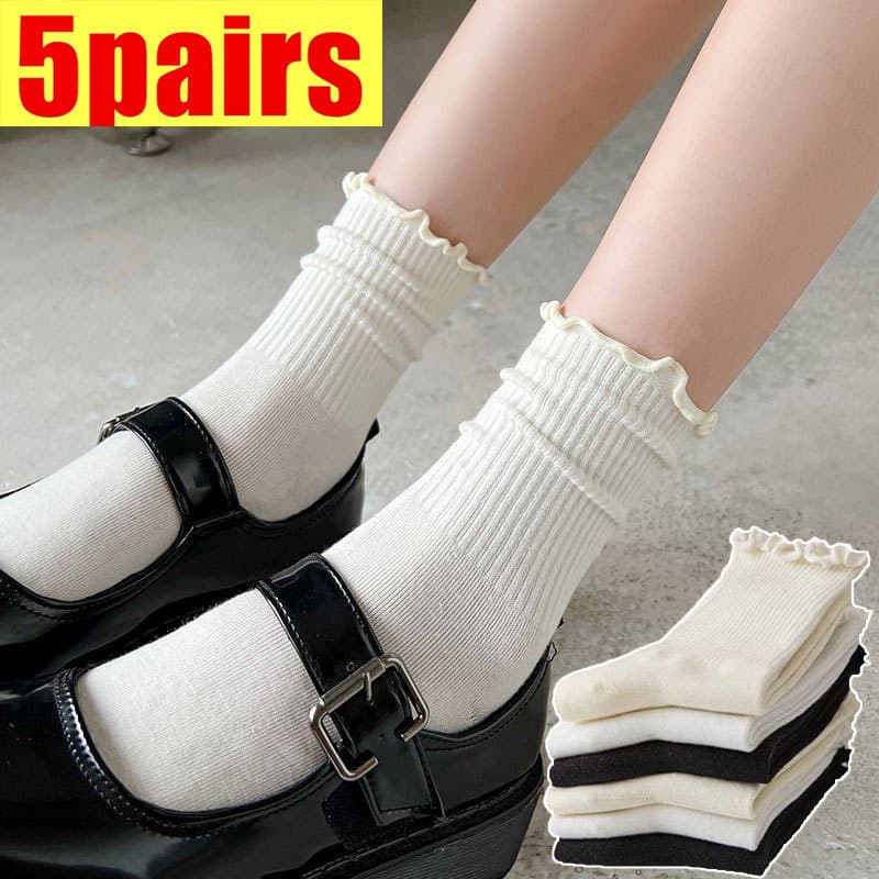 5 Pares Harajuku Plissado Meias Femininas Meninas Doce Algodão Tubo Médio Preto Branco Jk Lolita Macio Respirável Tornoz