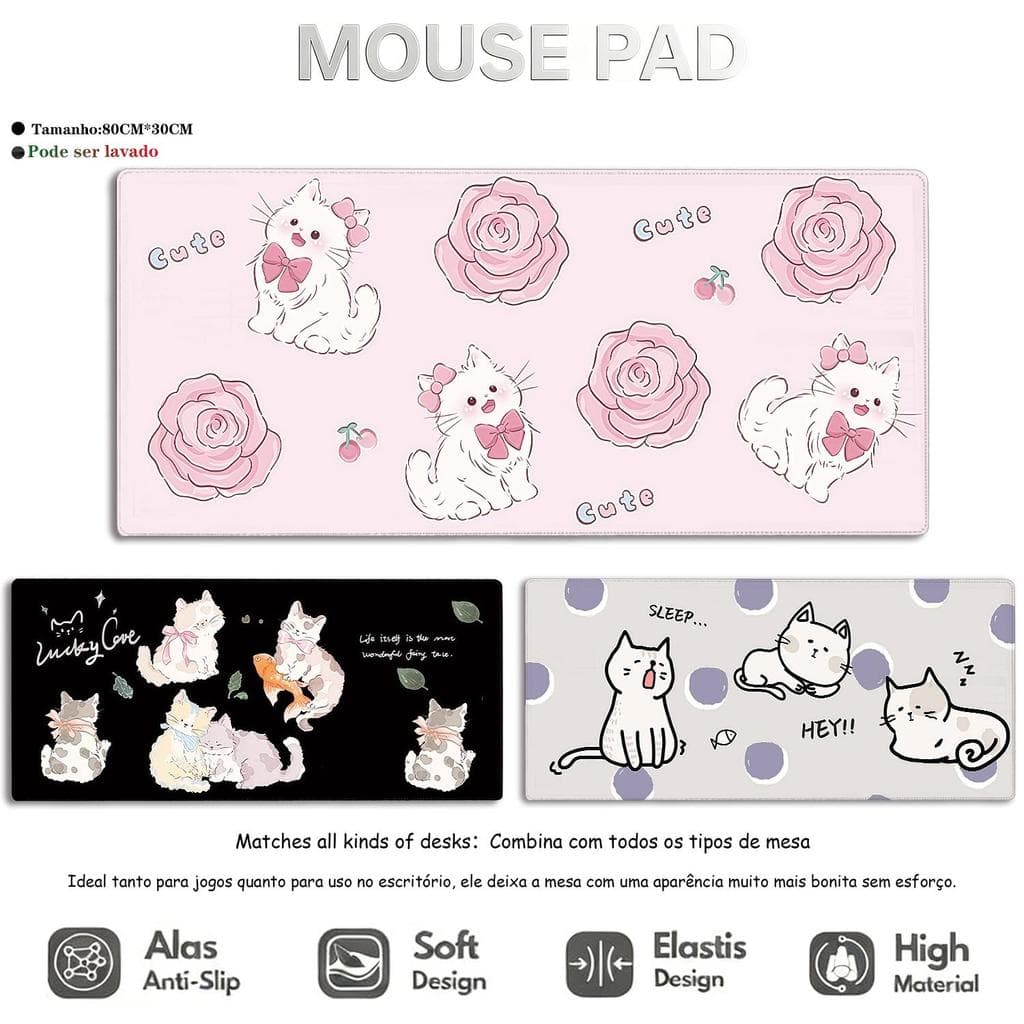 Mouse Pad de Gato com Flores Rosa Fofo Tapete de Mesa Estético Antiderrapante com Borda Costurada Reforçada 80X30cm