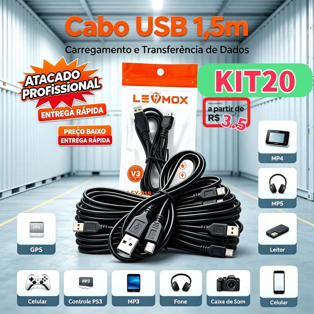 Kit 5/10/Cabo USB Mini USB V3 1,5m Carregamento e Dados | Compatível Controle PS3 GPS MP3 | Câmera Caixa Som