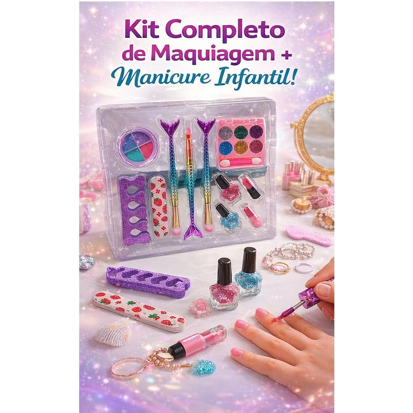 Kit Maquiagem Infantil Completo Estojo Paleta Batom Pinceis