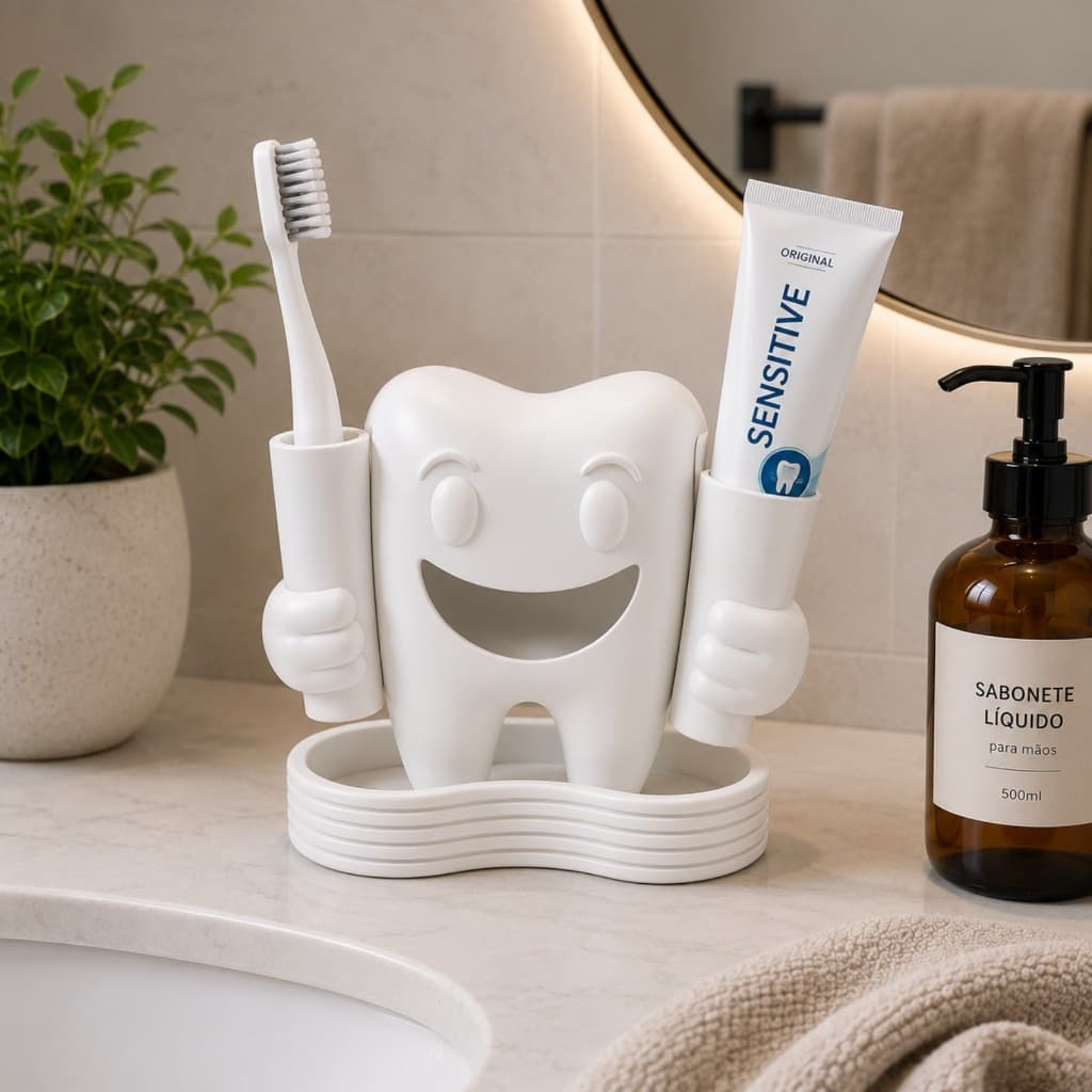 Porta Escova de Dentes e Pasta Happy Teeth Organizador para Banheiro 3D