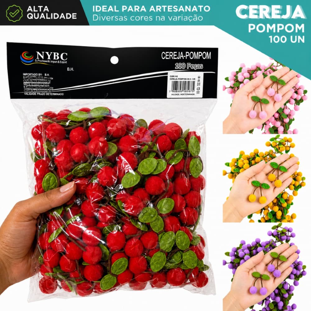 Kit Cerejinhas Pompom para Artesanato 20mm 100 Unidades – Aplique com Folhas, Cores Sortidas, Ideal para Laços-SH
