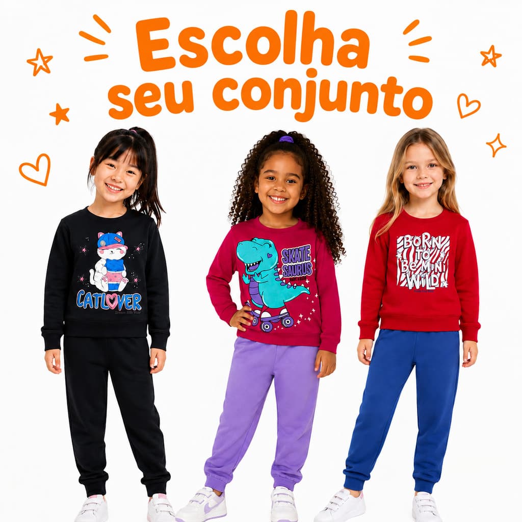 Conjunto Moletom Menina Infantil Inverno Casaco e Calça Feminina Várias Estampas Infantil 4 a 12 anos