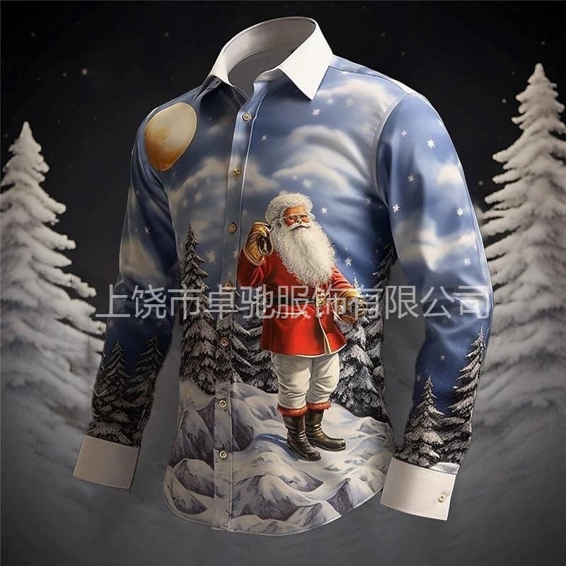 2025 Papai Noel Camisa de Férias Impressão 3D Digital Venda Quente Natal Camisa de Manga Longa Festa Masculina Casual