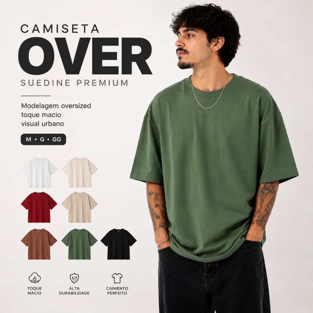 Camiseta Over Oversized Masculina Lisa Suedine Premium Algodão Gola Ribana Streetwear Casual
