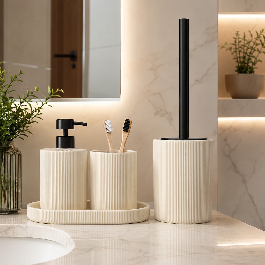 Conjunto Banheiro Canelado Completo 4 Peça Dispense Copo Porta Escova Bandeja
