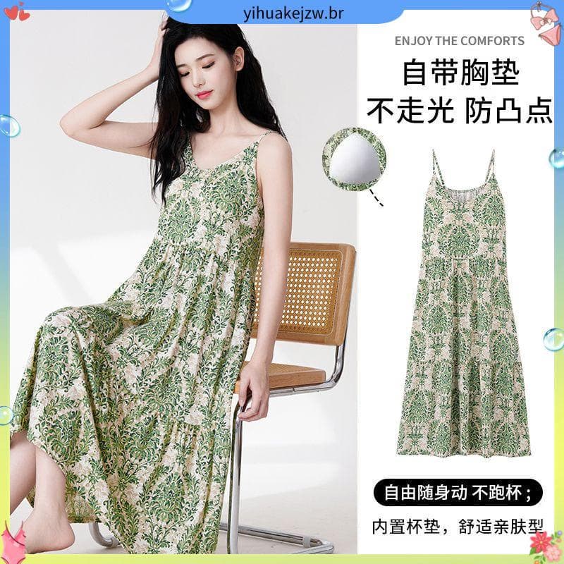 Mint Mambo Sling Nightdress Mulheres Verão com Almofada no Peito Verão Vestido Sem Mangas Loungewear Pode Usar Fora