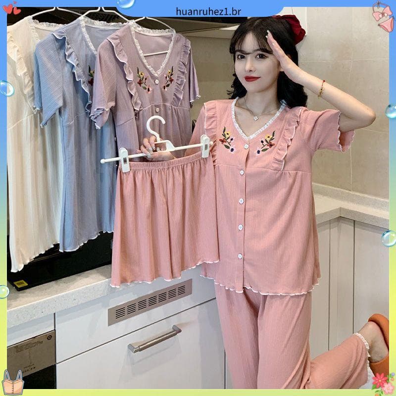 Pijamas meninas verão novo estilo Cardigan de três peças versão coreana doce bonito respirável estilo influenciador pode