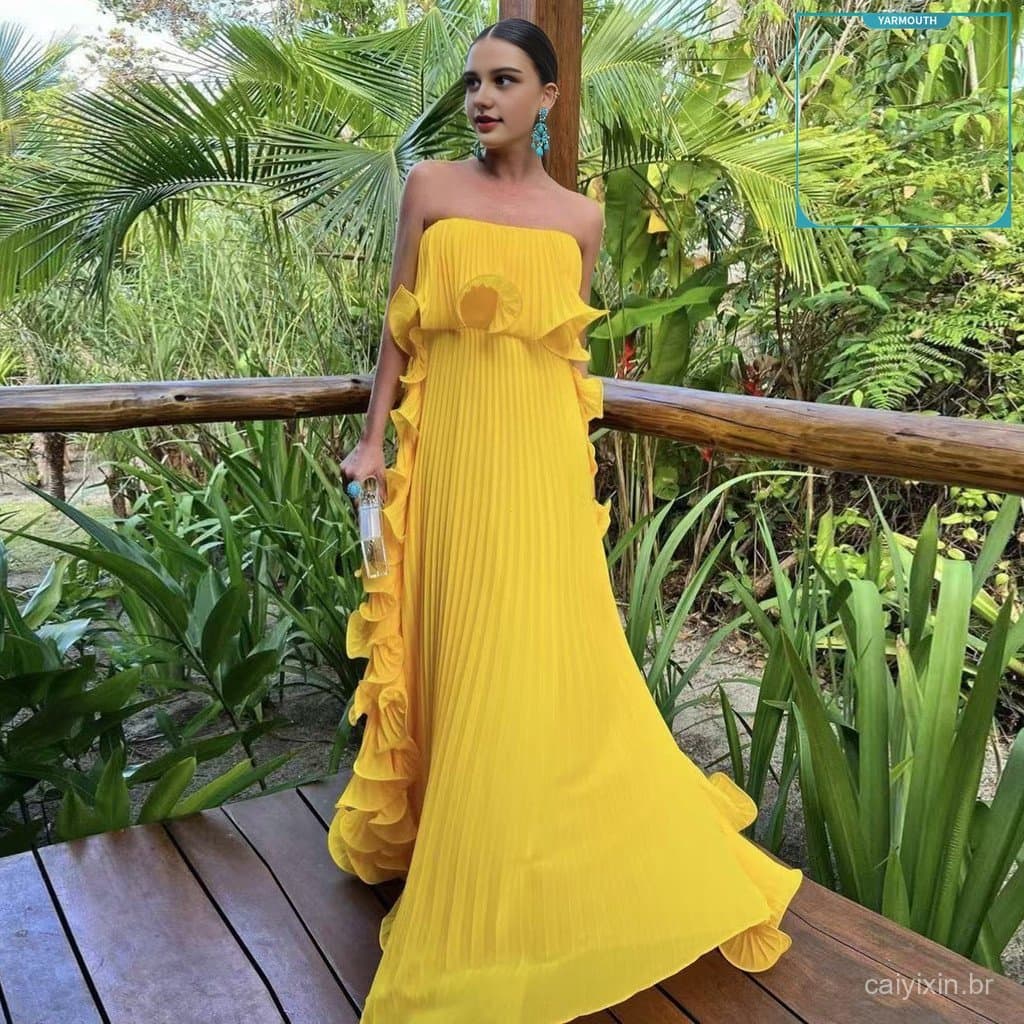 Vestido Maxi Feminino Sem Ombros , Verão , Babados , Plissado , Longo Para Festas De Casamento , Viagens H9HL