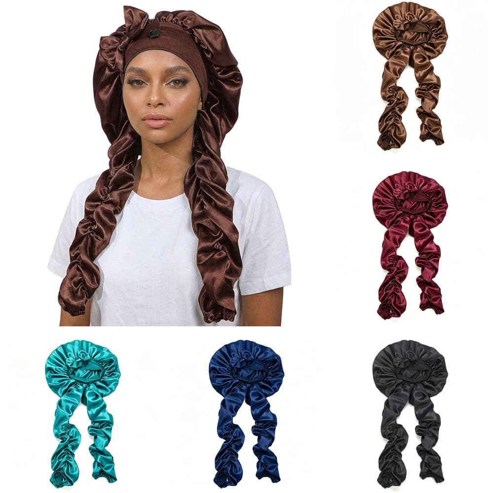 Touca De Cabelo Grande E Longa De Seda Acetinada Com Faixa Larga , Dormir Natural Para Cuidados Os Cabelos , Cacheados