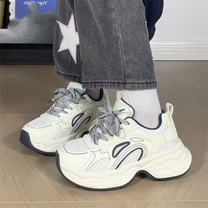 Sapatos femininos de malha com sola grossa e aumento de altura e sola macia