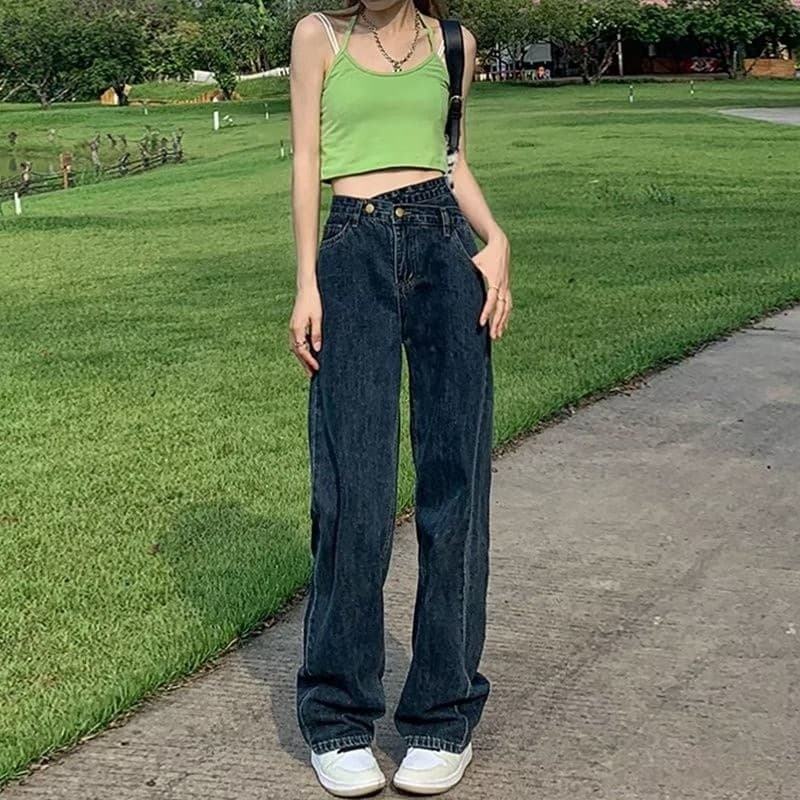 Azul cinza Jeans feminino solto olhar mais magro cintura alta perna larga esfregar chão Design reto calças primavera out