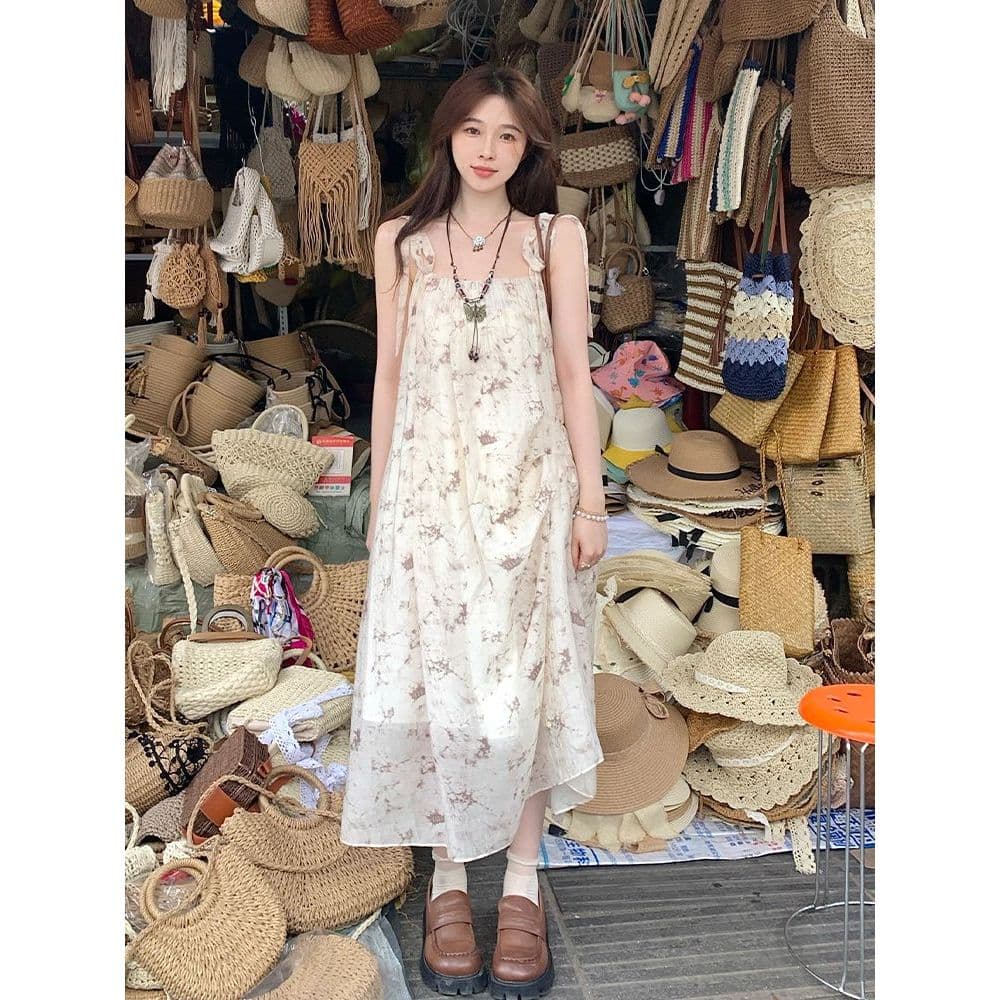 Vestido Casual para Pausa de Chá em Férias, Vestido com Alças Tie-Dye, Estilo de Férias à Beira-Mar, Vestido Estampado S