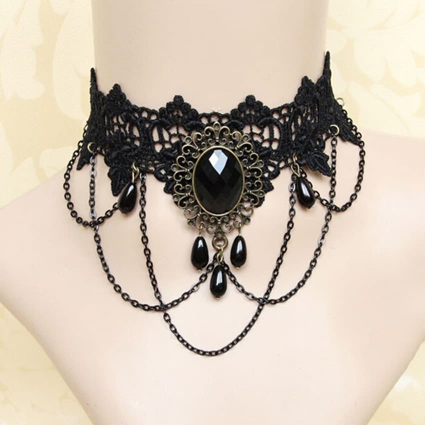 Senhoras versão coreana temperamento Retro preto renda pingente colar único borla colar falso mostrar clavícula corrente