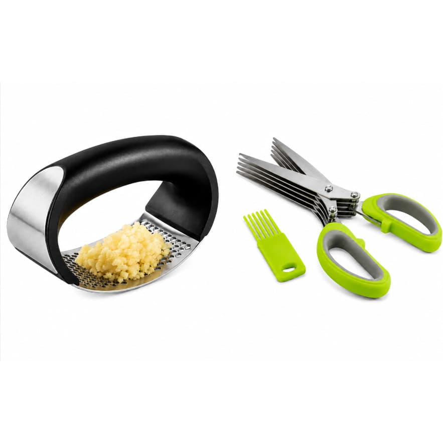 Kit Espremedor Triturador de Alho Inox Manual Garlic Press + Tesoura 5 Lâminas para Ervas e Temperos