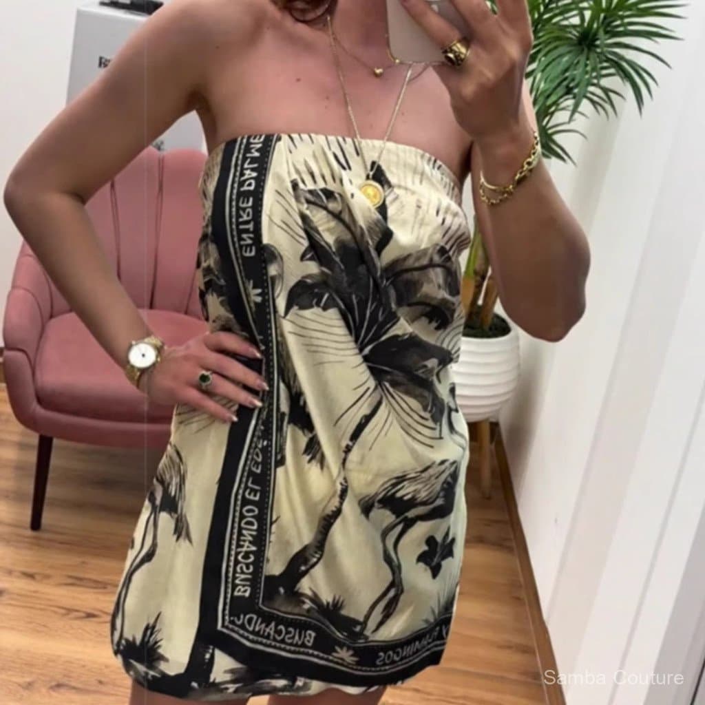 Novo vestido mini com alças e estampa retrô em estilo europeu e americano para mulheres.