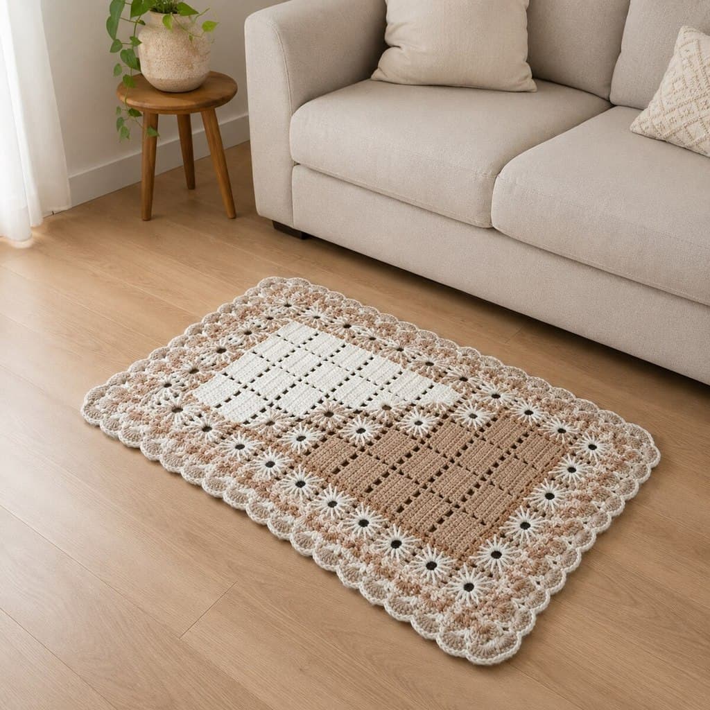 Tapete de Crochê Branco Marrom Artesanal 56x80 sala quarto