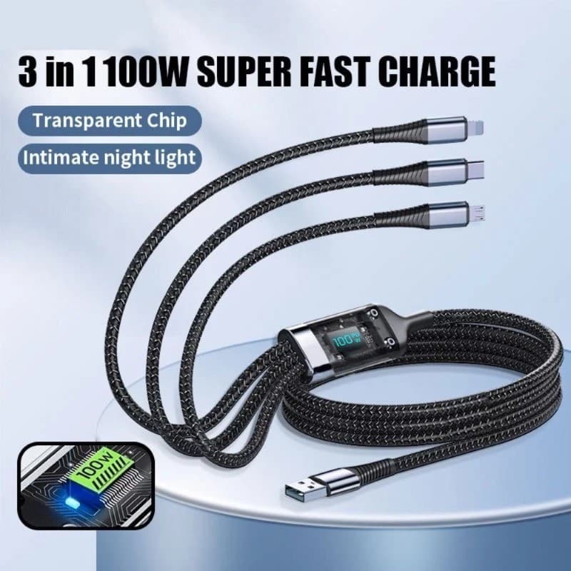 Cabo de dados três em um luminoso transparente de 100 W Suporte de carga Super rápida Tipo-C Micro USB iPhone