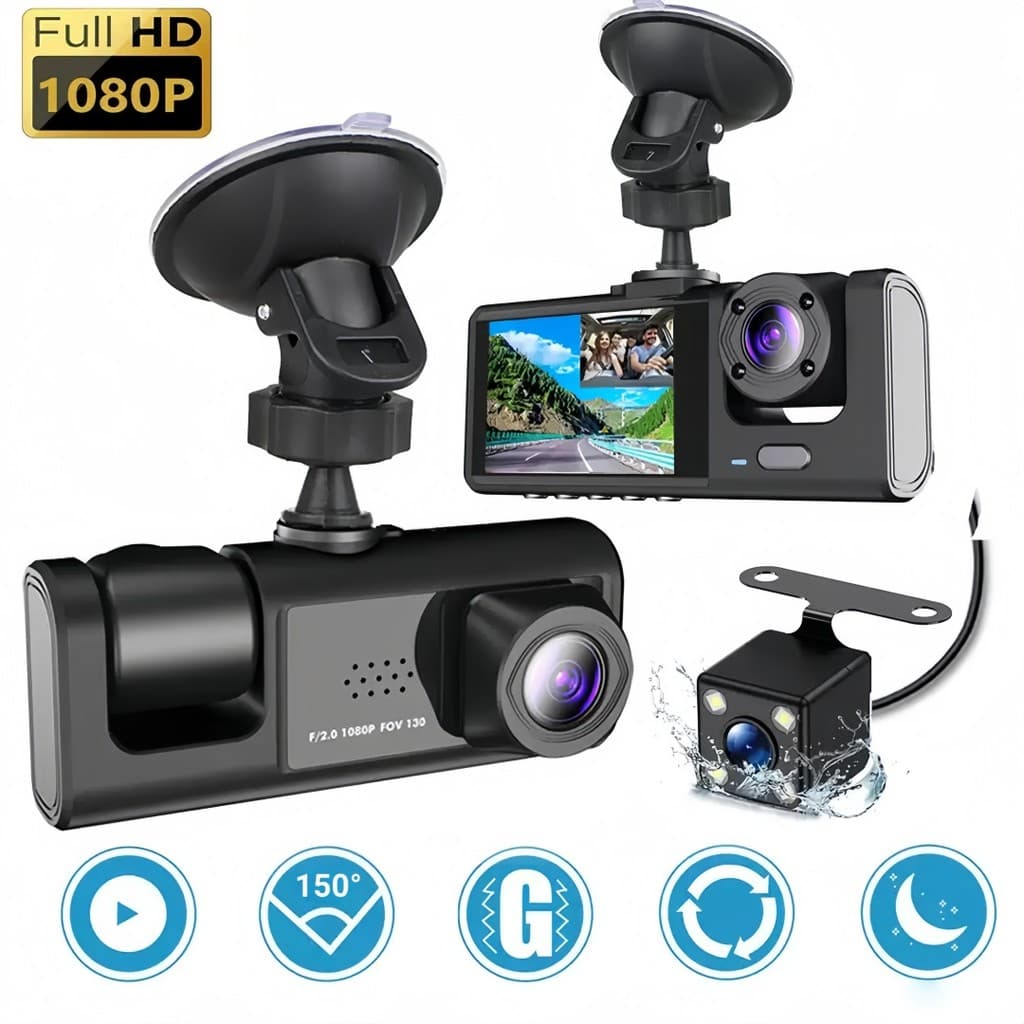 Câmera Veicular Full HD 1080P com 3 Lentes (Frontal + Interna + Traseira) – Tela LCD, Visão Noturna e Proteção Total
