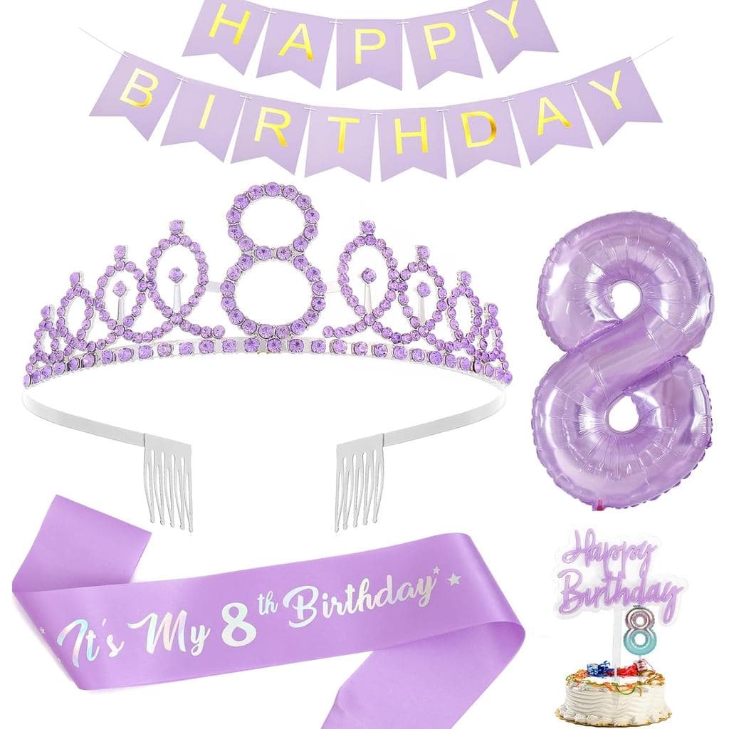 Decorações de Aniversário de 8 Anos para Meninas, Incluindo Faixa de Aniversário Roxa e Tiara, Velas, Faixa Decorativa,