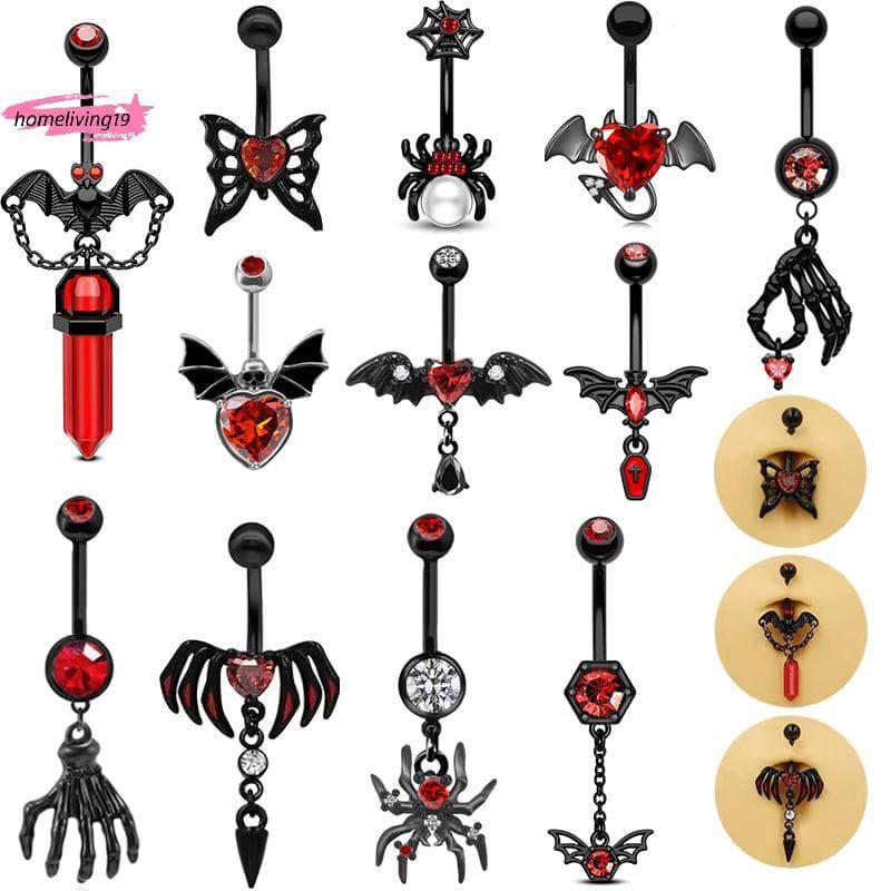 HOM Halloween Punk Umbigo Anéis Para Mulheres Meninas Personalizado Gótico Morcego Crânio Coração Anel Corpo Piercing Jó