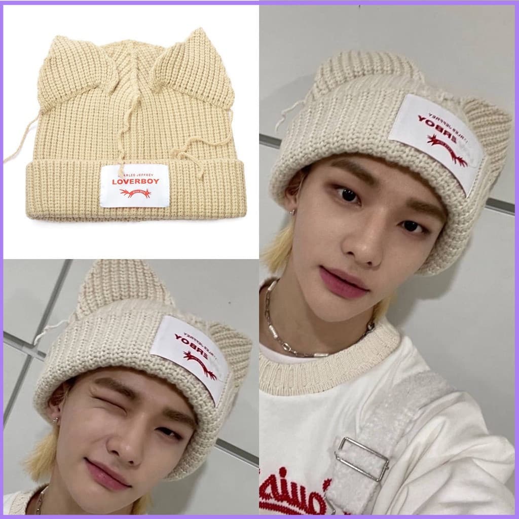 Chapéu feminino de orelhas de gato fofo, quente e grosso de lã, estilo do Lee Know do Kpop Stray Kids, para outono e inv