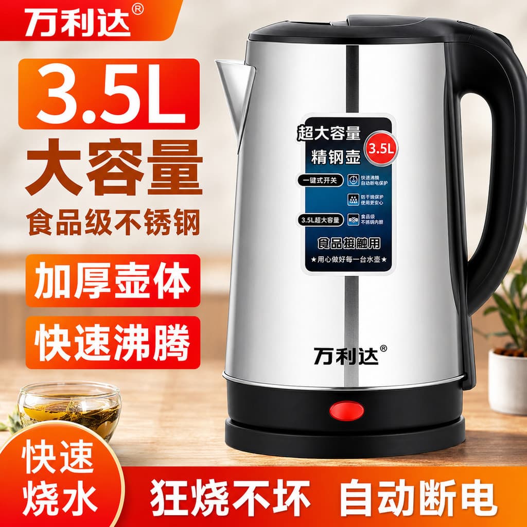 Wanlida Chaleira Elétrica 3.5L Chaleira de Aço Inoxidável de Grande Capacidade Inteligente Desligamento Automático Chale