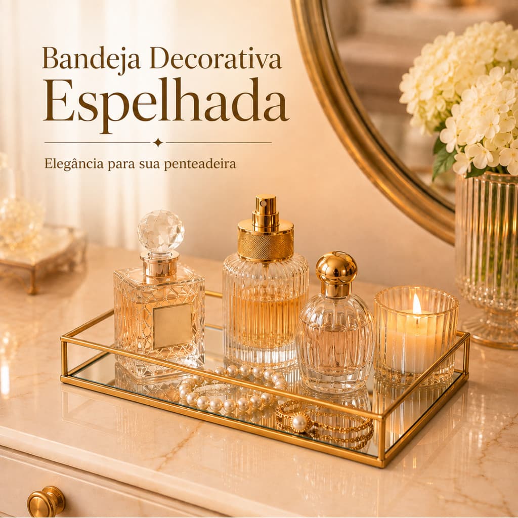 Bandeja Espelhada Dourada Decorativa Organizadora Penteadeira Lavabo Banheiro Porta Perfume Maquiagem Vidro
