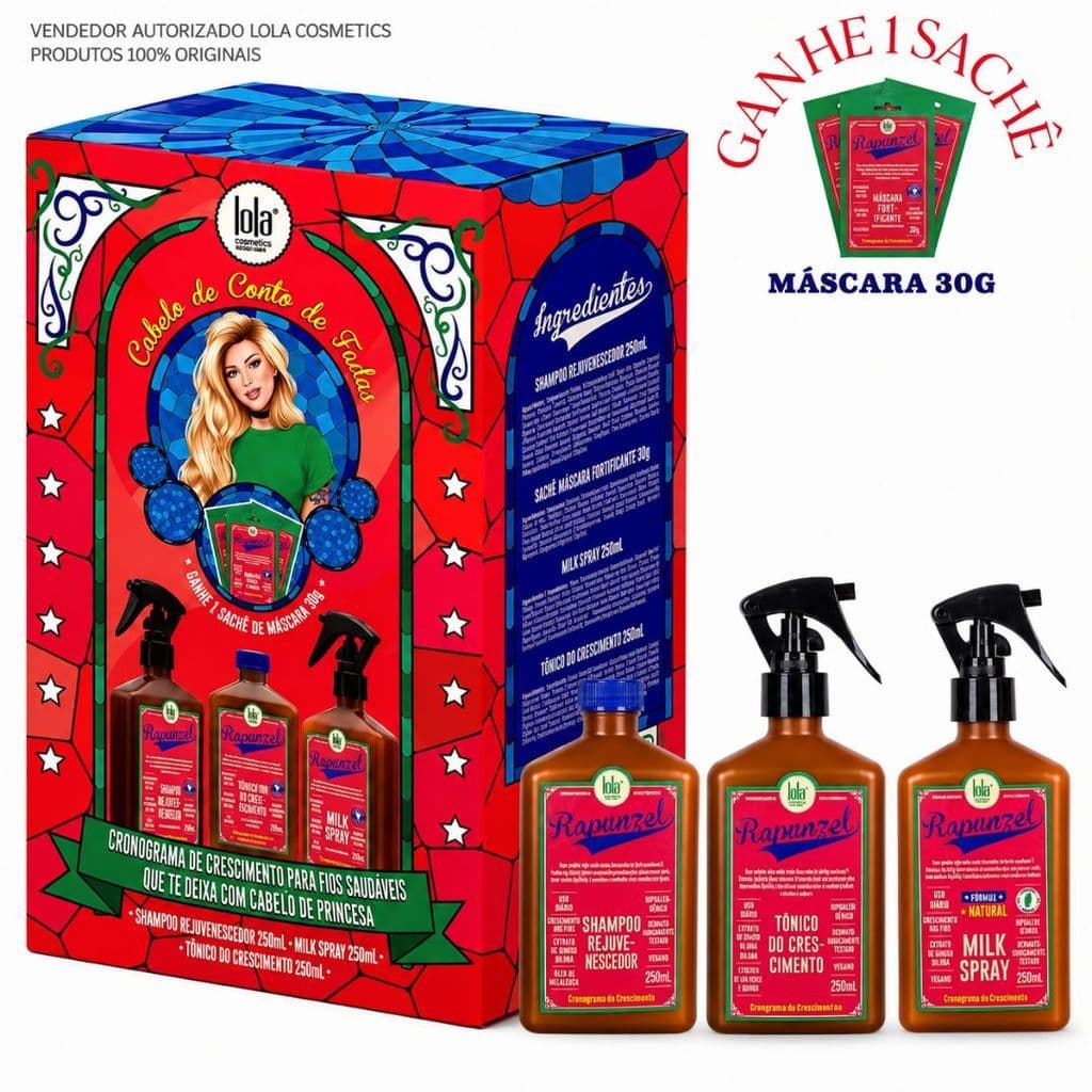 Kit Lola Rapunzel Original | Shampoo 250ml + Milk Spray 250ml + Tônico 250ml + Brinde Sachê Máscara 30g