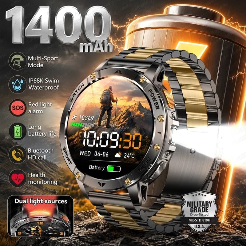 2026 1400mAh Bateria Smartwatch Fitness Relógio Homens 1.7 "Tela Lanterna Chamar IP68 Banda Inteligente impermeável