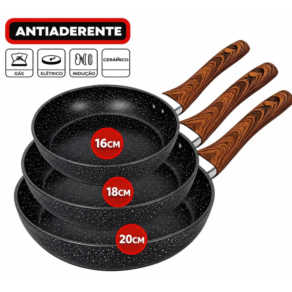 Frigideira de Indução Granito Antiaderente em Alumínio Revestimento Cerâmico Premium Cabo Madeira