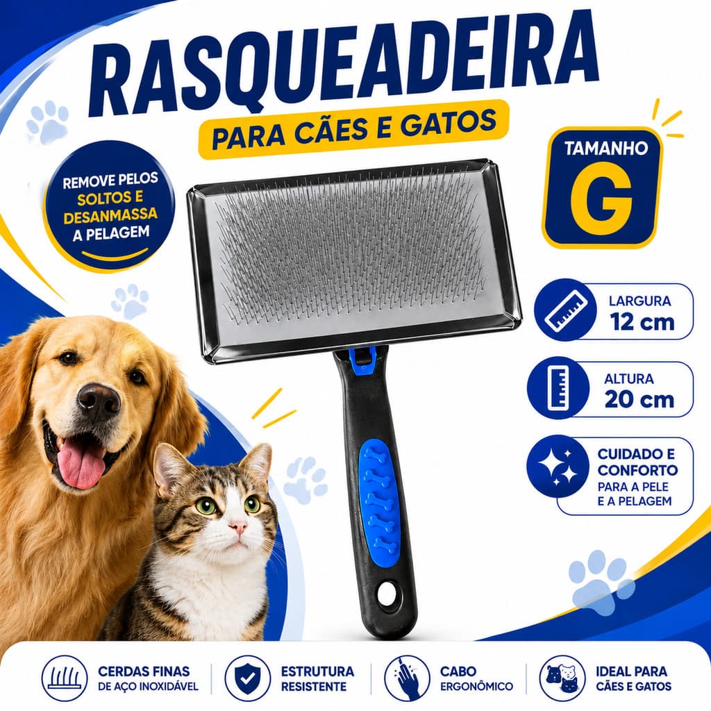 Rasqueadeira P M G Escova Para Cachorro e Gato Tira Pelos Soltos Aço Inox Profissional