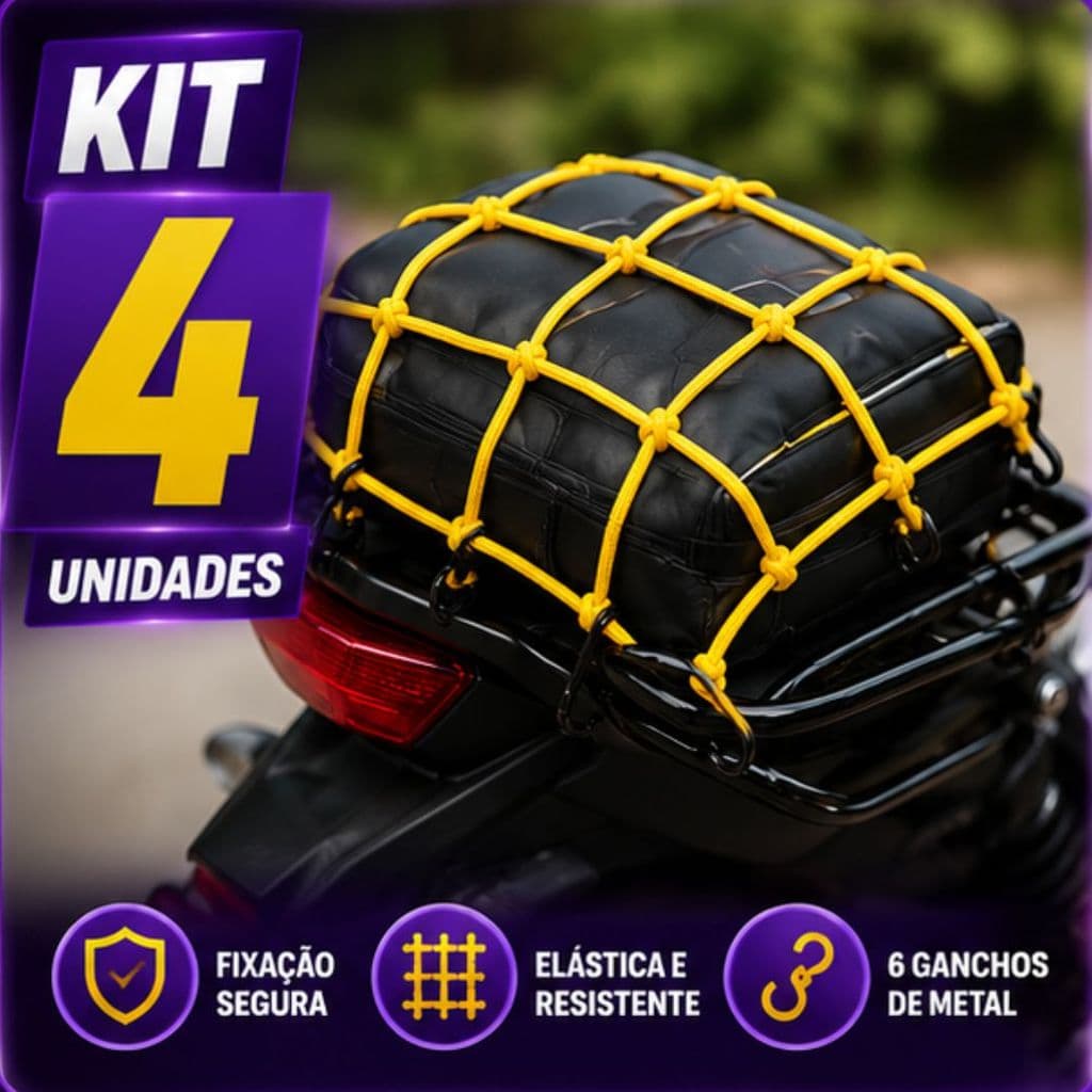 Kit 4/3/2 ou 1 Un Redinha Rede P/ Capacte Elástica para Moto 30x30cm com 6 Ganchos Bagageiro Capacete Carga