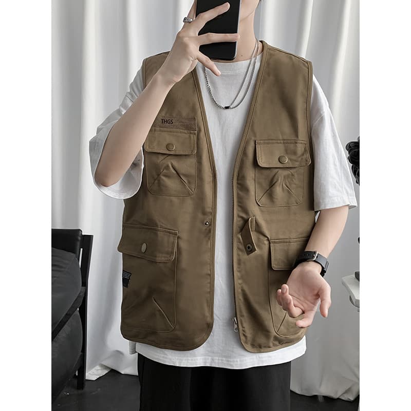 Japonês Multi-bolso ferramentas colete masculino verão rua Wear solto colete topo ins rufião bonito Casual colete jaquet