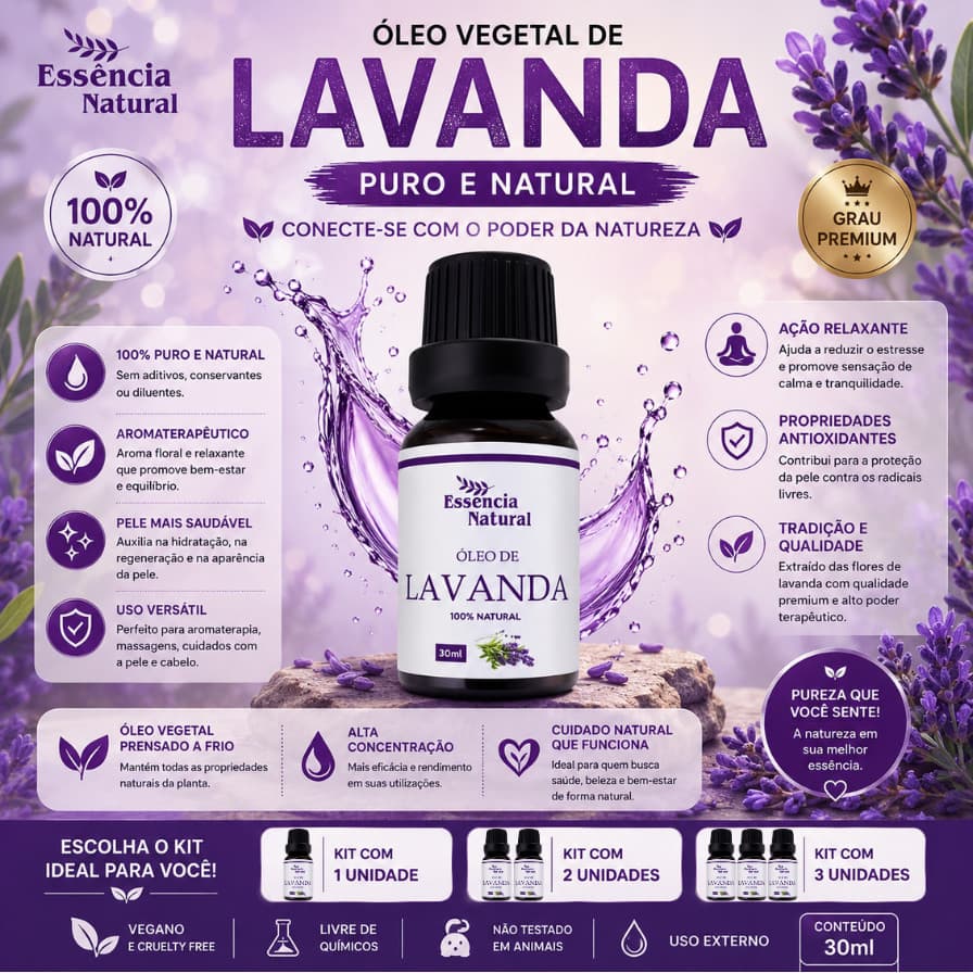 Óleo Vegetal de Lavanda 30 ml Puro e Natural - Kits com 1, 2 e 3 Unidades ESSENCIA NATURAL