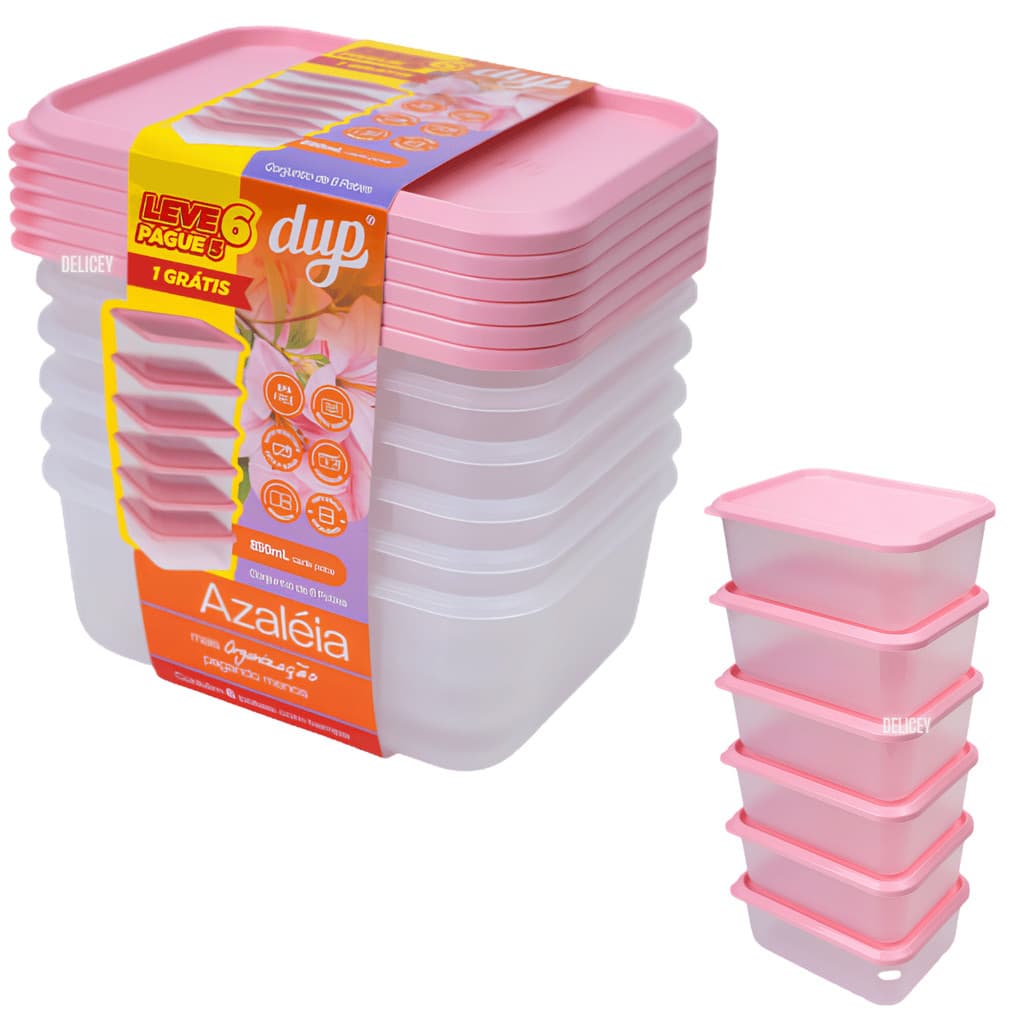 Conjunto 6 Potes Herméticos Dup Floral Azaléia 850ml Jogo Micro-Ondas Lava-Louças Freezer Bpa Free